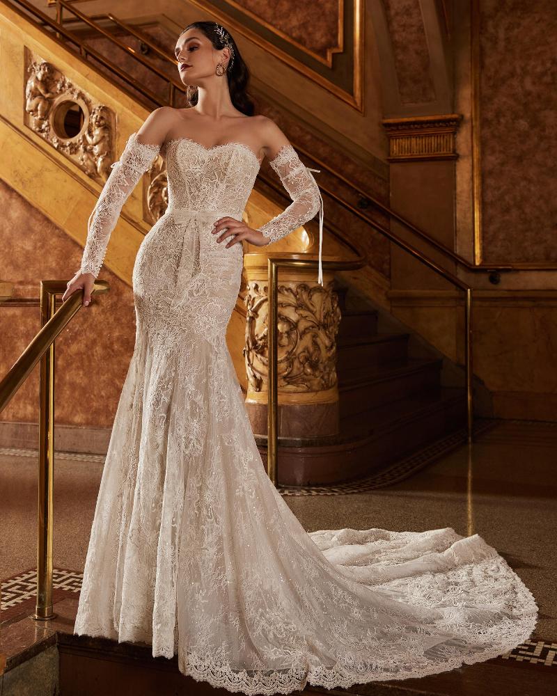 122113 lace sheath wedding dress with long sleeves or strapless design3